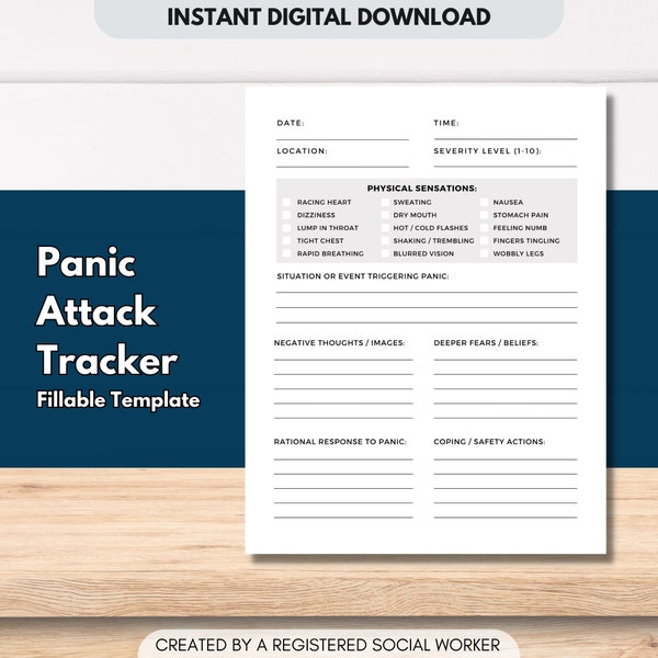 Panic Attack Journal Log, Panic Disorder Worksheet, CBT Cognitive Behavioral Therapy, Therapy Worksheets, Counselor (DIGITAL PRINTABLE)