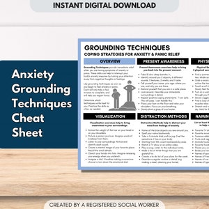 Grounding Techniques Cheat Sheet, Coping Strategies, Anxiety and Panic Relief, Therapy Worksheet, Psychology Handout (Digital Printable)