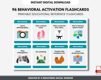 May include: A set of 96 printable flashcards with colorful illustrations and text. The flashcards are designed to help people learn about behavioral activation. The text on the flashcards includes the word "Recreation" and lists various activities such as "Learn photography", "Join a dance class", "Take a martial arts class", "Join a fantasy sports team", "Play videogames", "Go camping", "Create clay sculpture art", and "Learn programming".