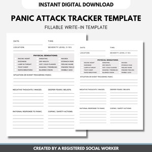 Puede incluir: Una plantilla de seguimiento de ataques de pánico imprimible con secciones para la fecha, la hora, la ubicación, el nivel de gravedad, las sensaciones físicas, los pensamientos negativos, los miedos profundos, la respuesta racional al pánico y las acciones de afrontamiento/seguridad. La plantilla está diseñada para ayudar a rastrear y controlar los ataques de pánico.