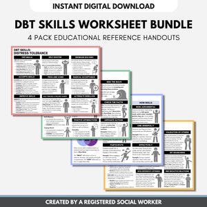 Cheatsheets voor DGT-vaardigheden, bundelset DGT-werkbladen, therapievaardigheden, stresstolerantie, emotionele regulatie (digitale pdf)