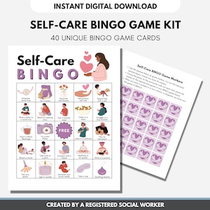 Bingo-gamekit zelfzorg, bewustzijn geestelijke gezondheid, sociale groepsactiviteit, klaslokaal, therapiespel, wellness op de werkplek (digitaal afdrukbaar)