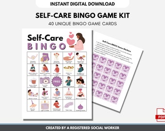 May include: A printable self-care bingo game kit with 40 unique bingo cards. The game features a pink and white color scheme with illustrations of people engaging in self-care activities. The game includes instructions and 25 markers.