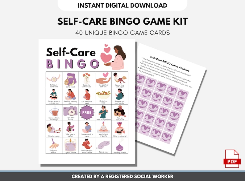 May include: A printable self-care bingo game kit with 40 unique bingo cards. The game features a pink and white color scheme with illustrations of people engaging in self-care activities. The game includes instructions and 25 markers.