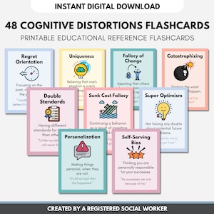 48 cartes-éclair sur les distorsions cognitives, thérapie cognitivo-comportementale, styles de pensée inutiles, psychologie, santé mentale (impression numérique)