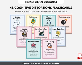 48 Cognitive Distortions Flashcards, Cognitive Behavioral Therapy, Unhelpful Thinking Styles, Psychology, Mental Health (Digital Printable)