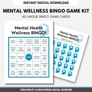 Mental Health BINGO Game Kit, Wellness, Well-being Activity, Student, Workplace, Counselor, Social Work, Coping Skills (DIGITAL PRINTABLE)
