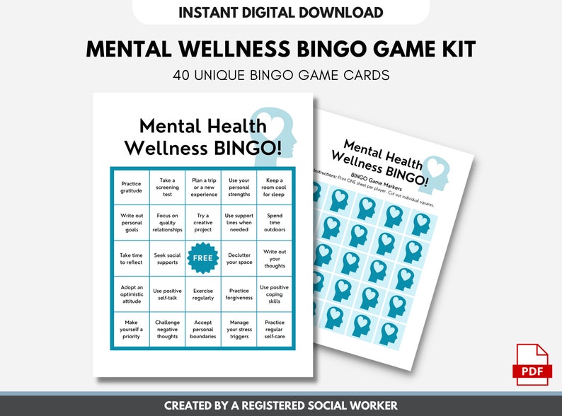 May include: A printable mental health wellness bingo game kit with 40 unique bingo cards. The bingo card features a blue heart and a blue head with a heart inside. The bingo card has 25 squares with activities to promote mental health wellness. The bingo card is labeled "Mental Health Wellness Bingo!" and the title of the game kit is "Mental Wellness Bingo Game Kit".