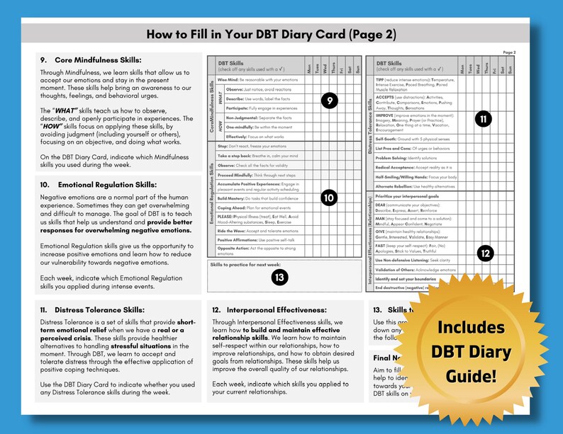 DBT Diary Card Dialectical Behavior Therapy Skills Tracker - Etsy