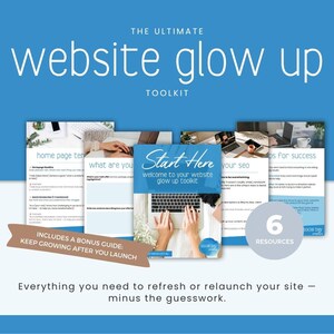 Könnte beinhalten: Blaues Grafikdesign mit dem Text "THE ULTIMATE website glow up TOOLKIT". Das Bild enthält sechs Ressourcen, einen Bonus-Leitfaden und den Text "Alles, was Sie brauchen, um Ihre Website zu aktualisieren oder neu zu starten - ohne Rätselraten."