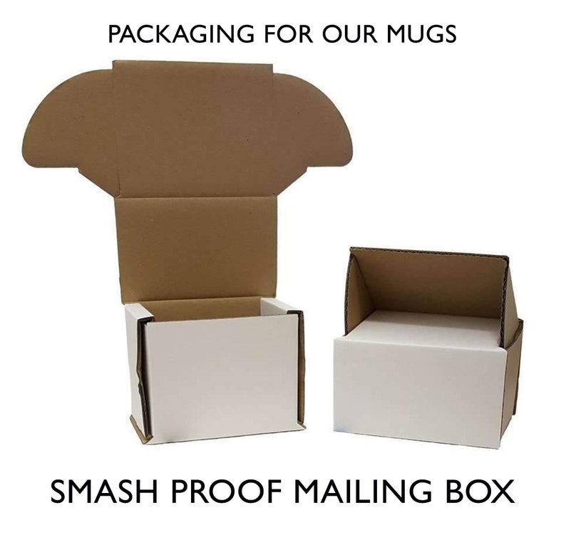 May include: Two cardboard boxes, one with a white interior and one with a brown interior, are open to show the packaging for mugs. The text "PACKAGING FOR OUR MUGS" is at the top of the image. The text "SMASH PROOF MAILING BOX" is at the bottom of the image.