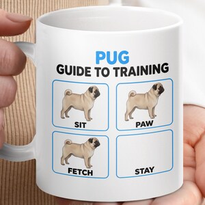 Taza con guía de entrenamiento para carlinos, divertida taza de café con comandos para perros, regalo para amantes de los carlinos