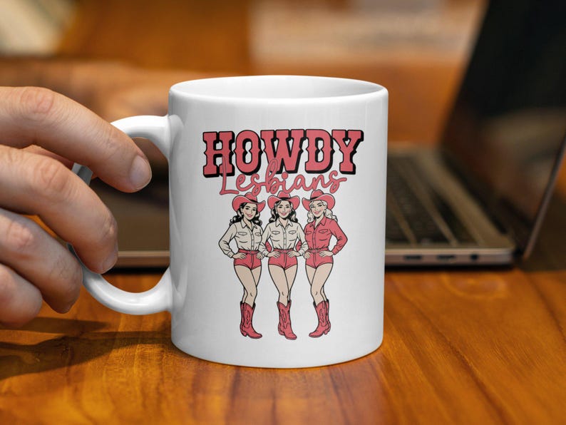 Howdy Lesbians Coffee Mug, Cowboy Hat Boots Design, Fun Western Mug, LGBTQ Pride Gift, Cute Ceramic Mug, Office Drinkware