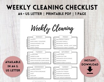 Weekly Cleaning Checklist Printable | Cleaning Schedule | Daily Cleaning Routine | A4, US Letter