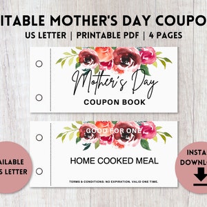 Editable Mother&#39;s Day Coupon Book Printable | Mother&#39;s Day Gift | Coupon Book for Mom | US Letter