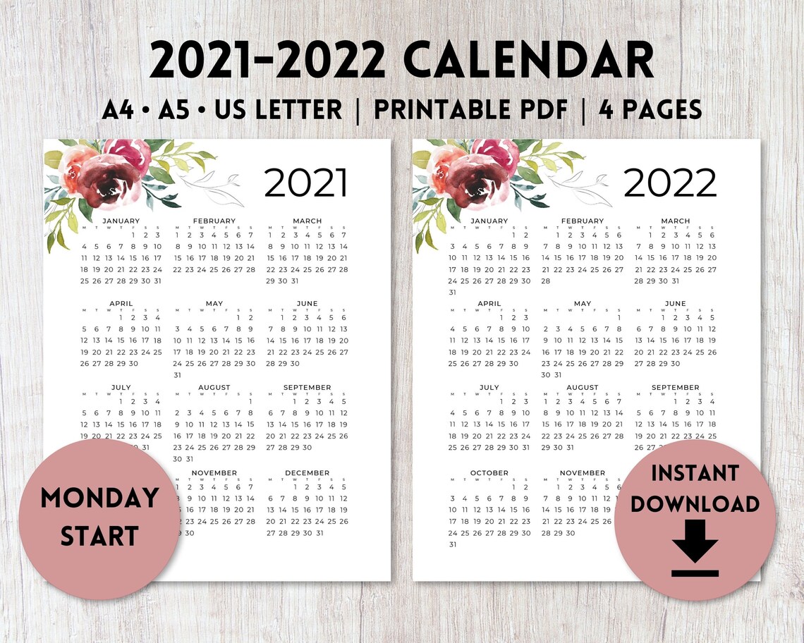 2021 2022 monday start printable calendar watercolor