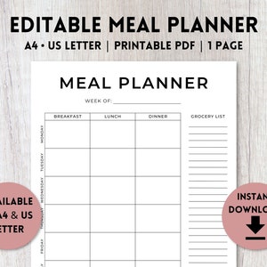 Plan de repas modifiable imprimable | Modèle de planificateur de menu | Liste d’épicerie imprimable | Planificateur de repas hebdomadaire | A4, lettre américaine
