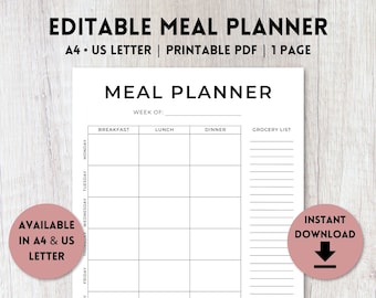 Editable Meal Plan Printable | Menu Planner Template | Grocery List Printable | Weekly Meal Planner | A4, US Letter