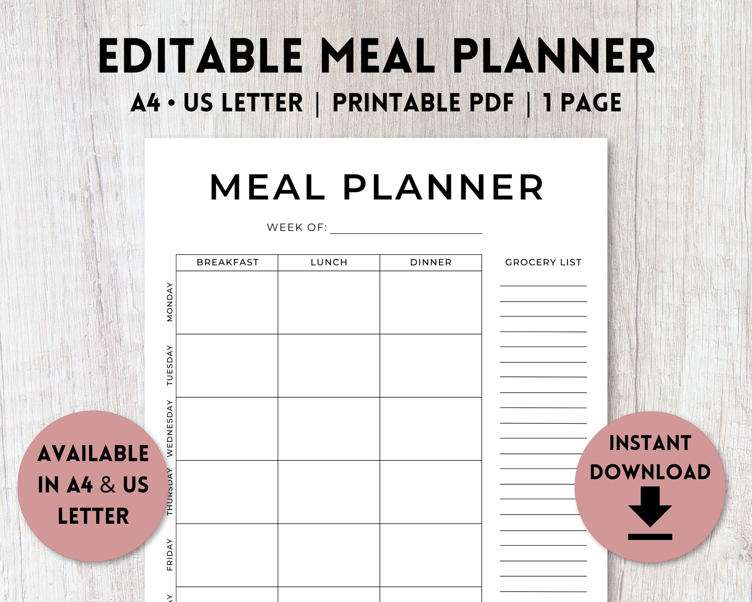 Editable Meal Plan Printable Menu Planner Template Grocery - Etsy