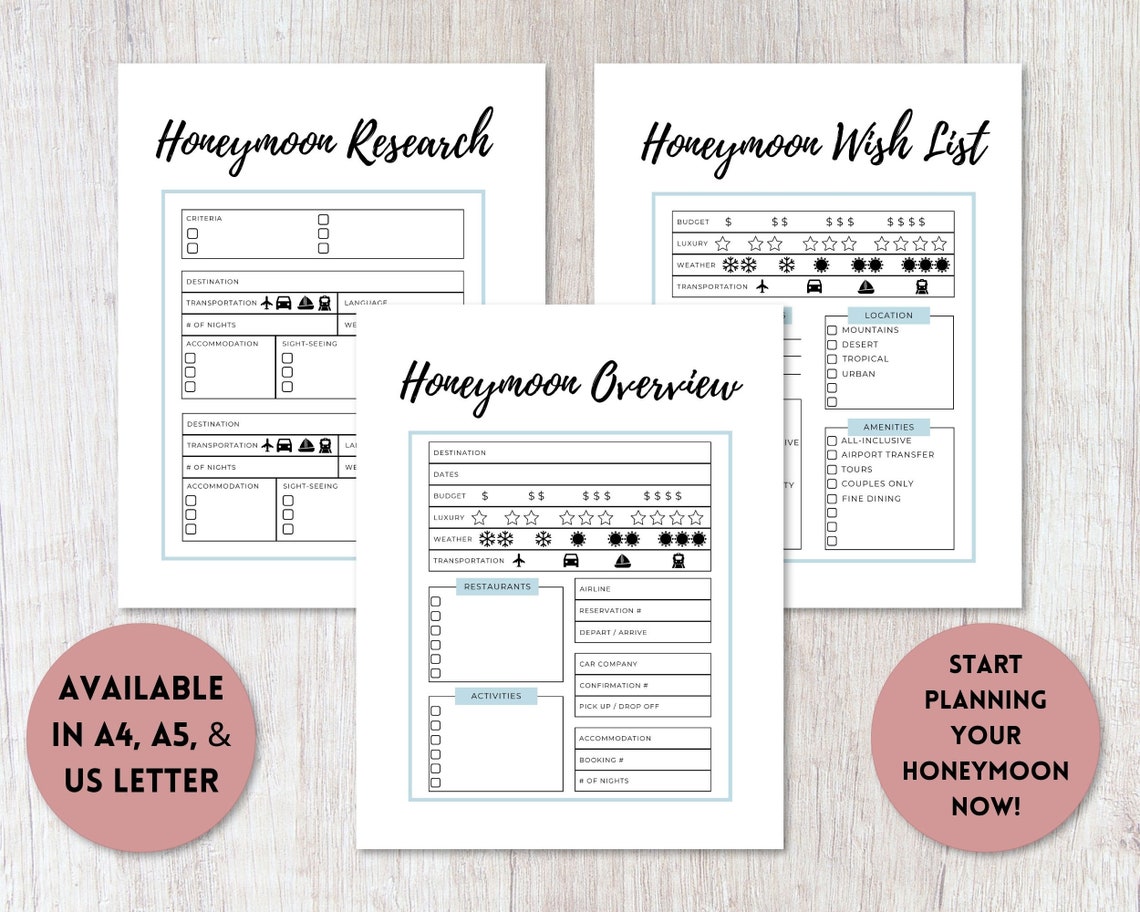 Honeymoon Planner Bundle Printable PDF Destination Wedding