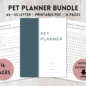 Könnte beinhalten: Druckbarer Haustier-Planer-Bundle im Format A4 oder US Letter. Das Bundle enthält 16 Seiten mit Abschnitten für Haustierdetails, Tierarztinformationen, Untersuchungen und einen Trainingstracker. Das Cover zeigt den Text "Pet Planner" in einem weißen Kasten mit grauem Rand.