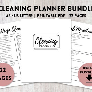 May include: A printable cleaning planner bundle with 22 pages. The cover features a black and white graphic of a cleaning planner title. The pages include checklists for deep cleaning tasks, seasonal maintenance, and general cleaning tasks. The bundle is available for instant download.