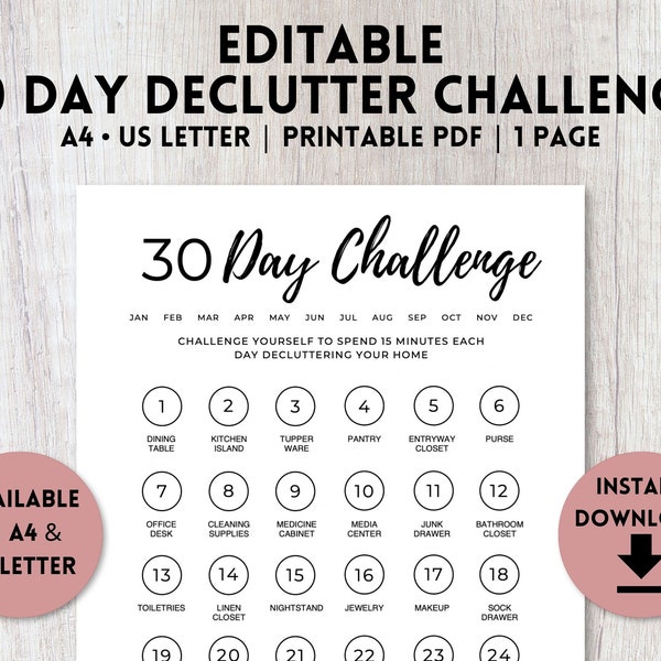 Editable 30 Day Declutter Challenge Printable | Declutter Planner | Declutter Checklist | Spring Cleaning Schedule | A4, US Letter