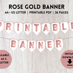 Banner de oro rosa imprimible / Decoraciones de banner de letras del alfabeto / Plantilla de banner de fiesta / A4, carta de EE. UU.