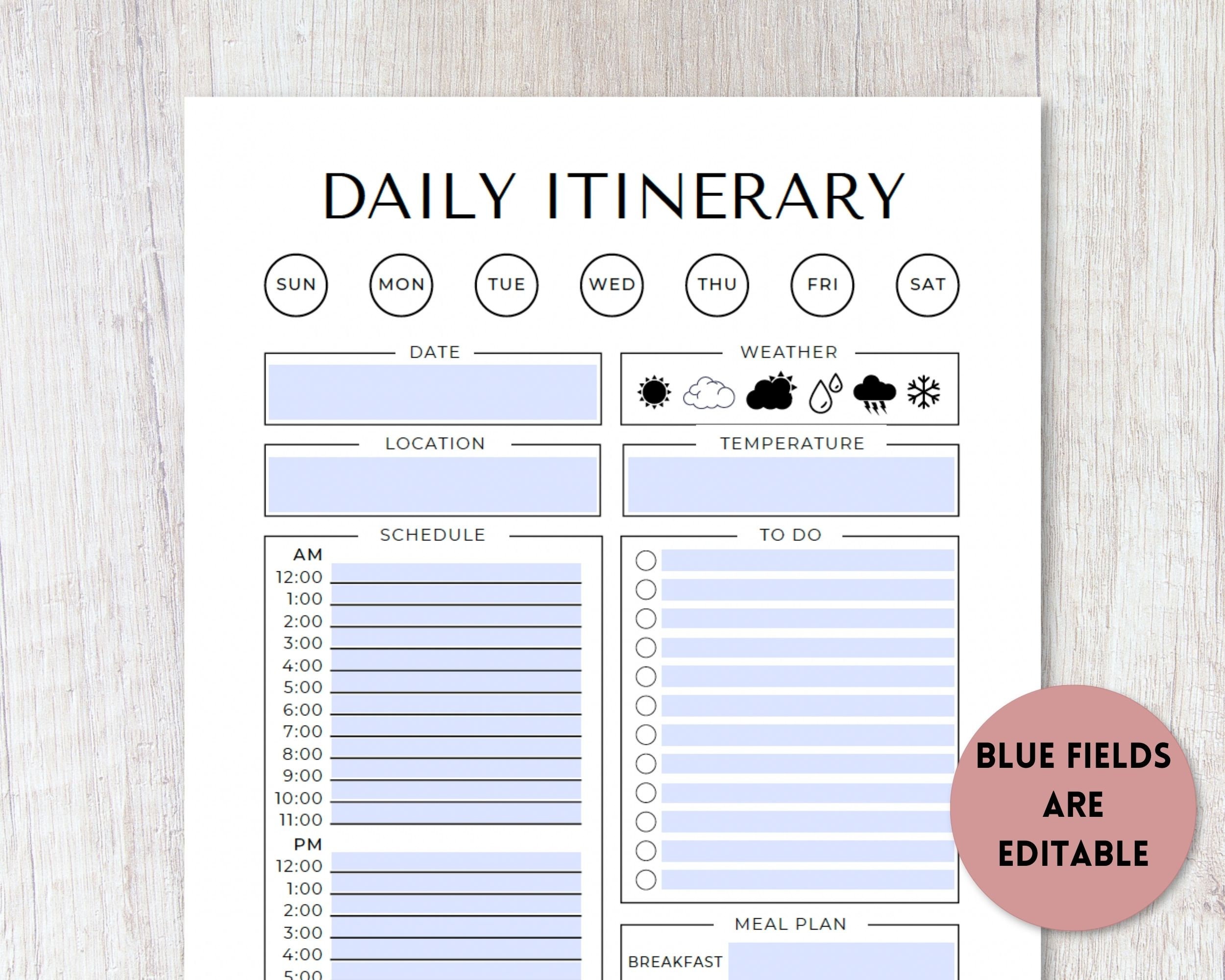 Editable Daily Travel Itinerary Printable | Vacation Itinerary Template ...