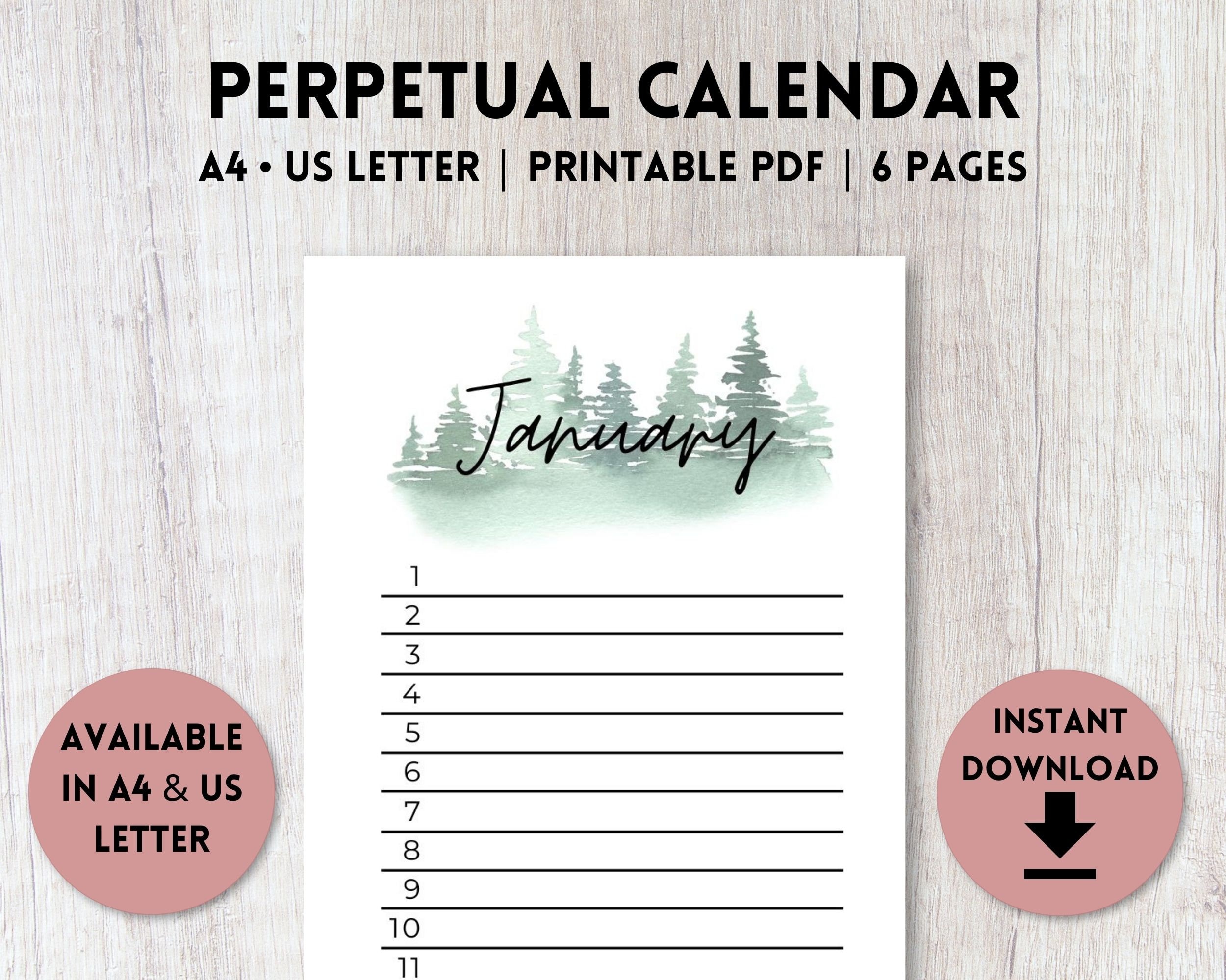 Perpetual Calendar Printable Watercolor List Calendar Birthday ...