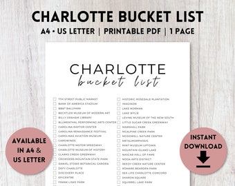 Charlotte, North Carolina Bucket List Printable | Travel Bucket List | Travel Planner Checklist | A4, US Letter