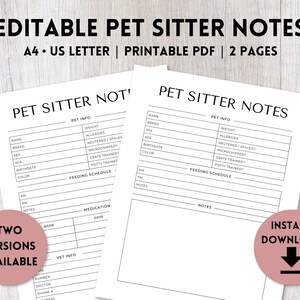 Editable Pet Sitter Notes Printable | Pet Sitter Form | Pet Sitting Template | Pet Information | Pet Sitter Info | A4, US Letter