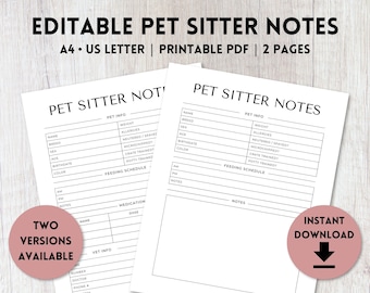 Editable Pet Sitter Notes Printable | Pet Sitter Form | Pet Sitting Template | Pet Information | Pet Sitter Info | A4, US Letter