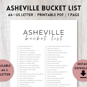 Asheville, North Carolina Bucket List Printable | Travel Bucket List | Travel Planner Checklist | A4, US Letter