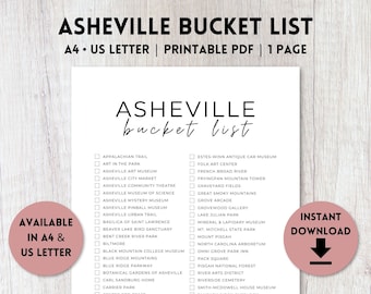 Asheville, North Carolina Bucketlist afdrukbaar | Reisbucketlist | Controlelijst voor reisplanner | A4, Amerikaanse brief