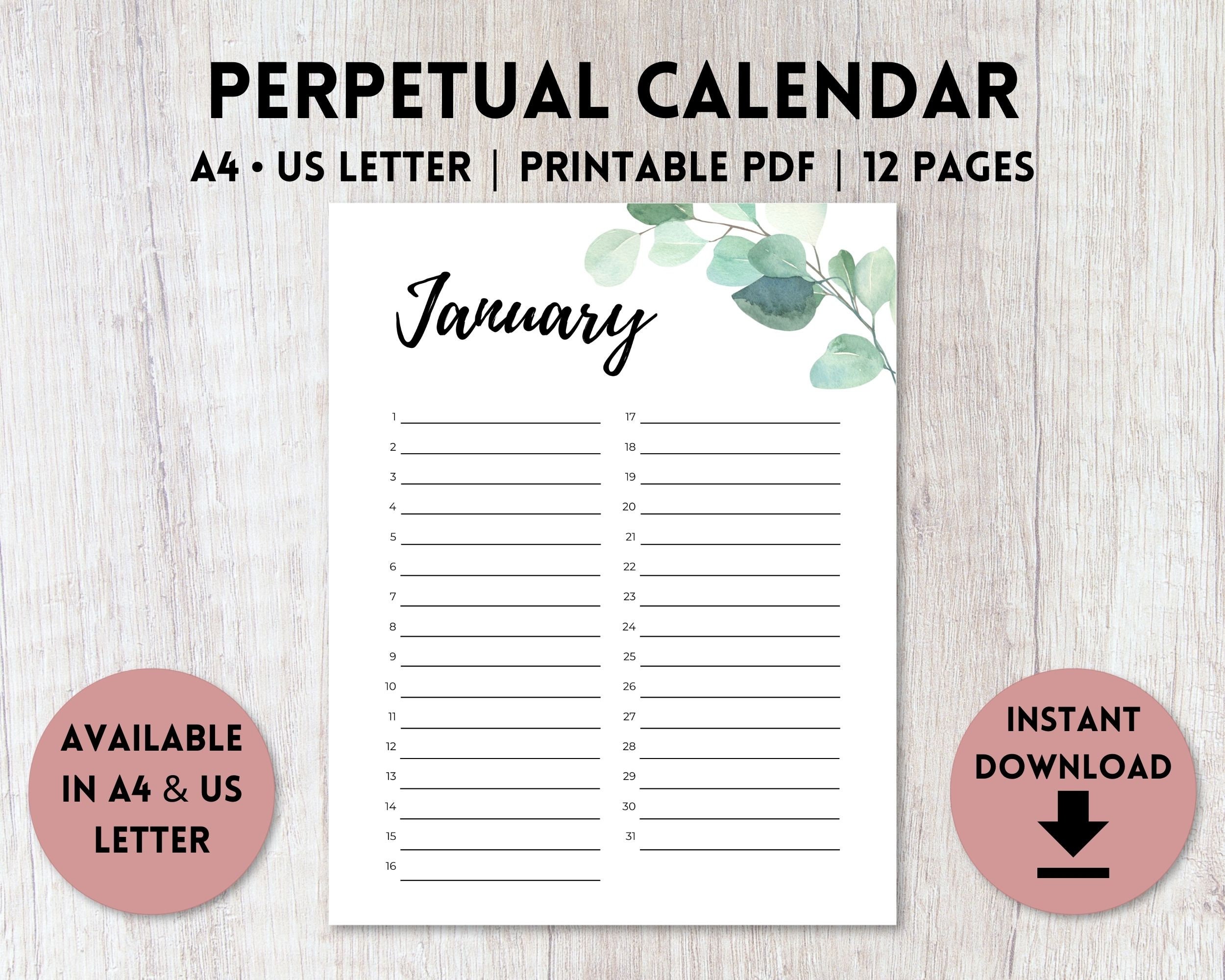 Perpetual Calendar Printable Birthday Calendar Template Anniversary ...
