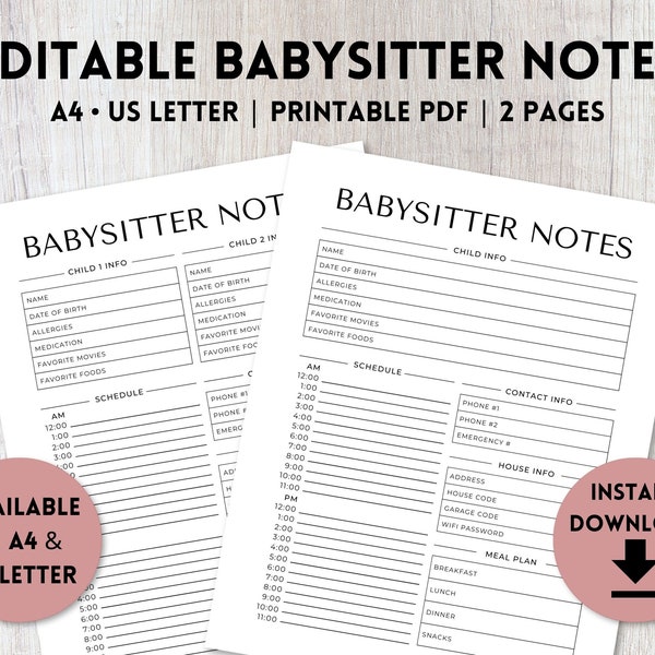 Editable Babysitter Notes Printable | Babysitter Information Sheet | Babysitter Instructions | Babysitting Template | A4, US Letter