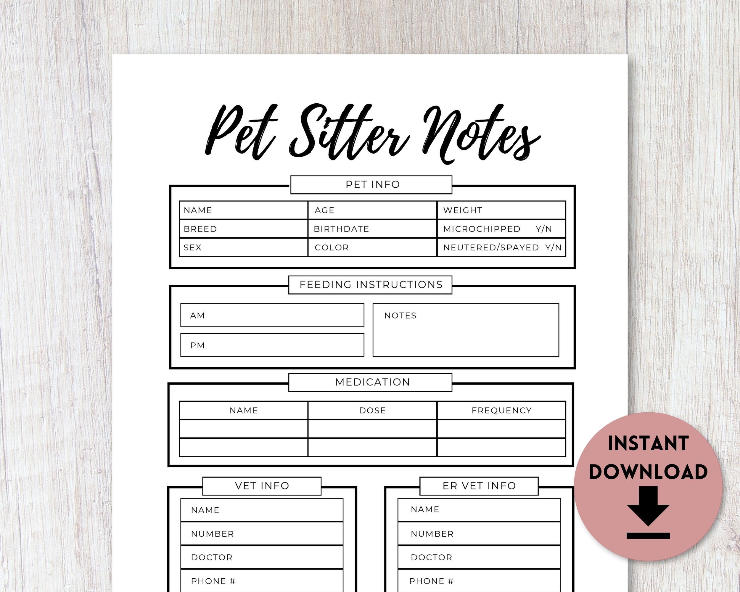 Pet Sitter Notes Printable PDF Travel Planner Household | Etsy