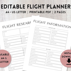 Planejador de voo editável para impressão | Folha de informações de voo | Livro de registro de viagens | Modelo de itinerário de viagem | A4, Carta dos EUA