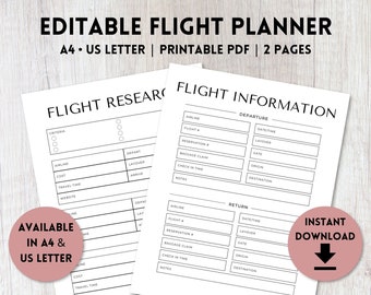 Editable Flight Planner Printable | Flight Information Sheet | Travel Log Book | Travel Itinerary Template | A4, US Letter