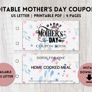 Editable Mother&#39;s Day Coupon Book Printable | Mother&#39;s Day Gift | Coupon Book for Mom | US Letter