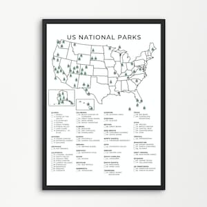 US National Parks Checkliste zum Ausdrucken | 63 Nationalparks Poster | Nationalpark Karte | A4, US Letter