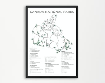 May include: A black and white map of Canada with green circles marking the locations of national parks. The map includes the names of each park and the province or territory it is located in.
