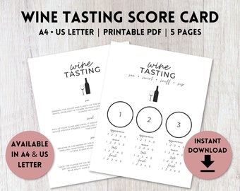Wine Tasting Score Card Printable | Wine Tasting Party Kit | Wine Tasting Placemat Up To 6 Wines | A4, US Letter