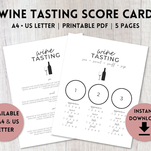 Wine Tasting Score Card Printable | Wine Tasting Party Kit | Wine Tasting Placemat Up To 6 Wines | A4, US Letter