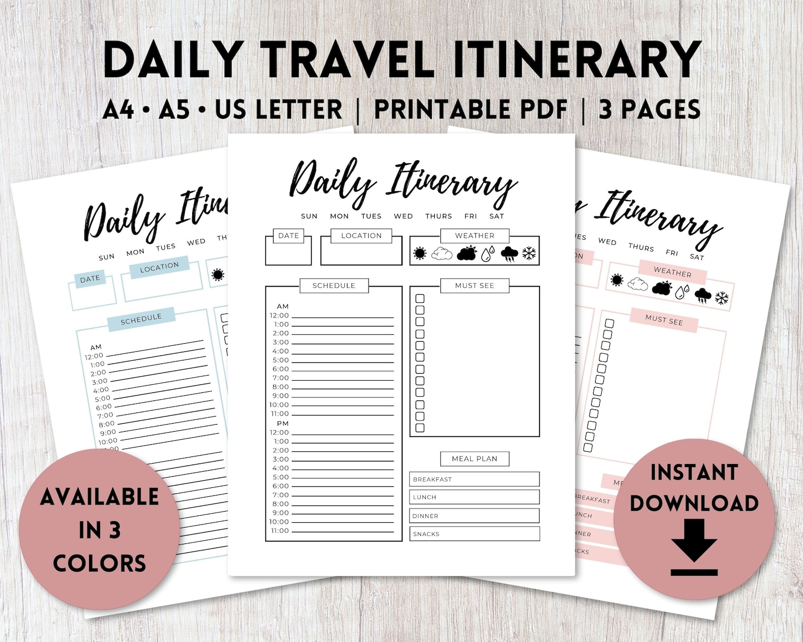 Daily Travel Itinerary Planner Printable PDF Undated Etsy