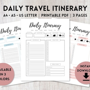 Planejador de itinerário de viagem diário PDF para impressão | Modelo de itinerário de férias sem data | Planner Insert A4, A5, US Letter