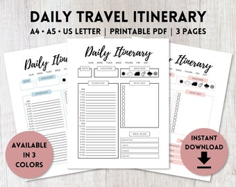 Planificateur quotidien d'itinéraires de voyage PDF imprimable | Modèle d'itinéraire de vacances non daté | Feuillet pour agenda A4, A5, lettre US