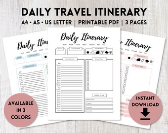 Daily Travel Itinerary Planner Printable PDF | Undated Vacation Itinerary Template | Planner Insert A4, A5, US Letter