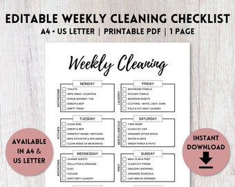 Editable Weekly Cleaning Checklist Printable | Cleaning Schedule | Daily Cleaning Routine | A4, US Letter